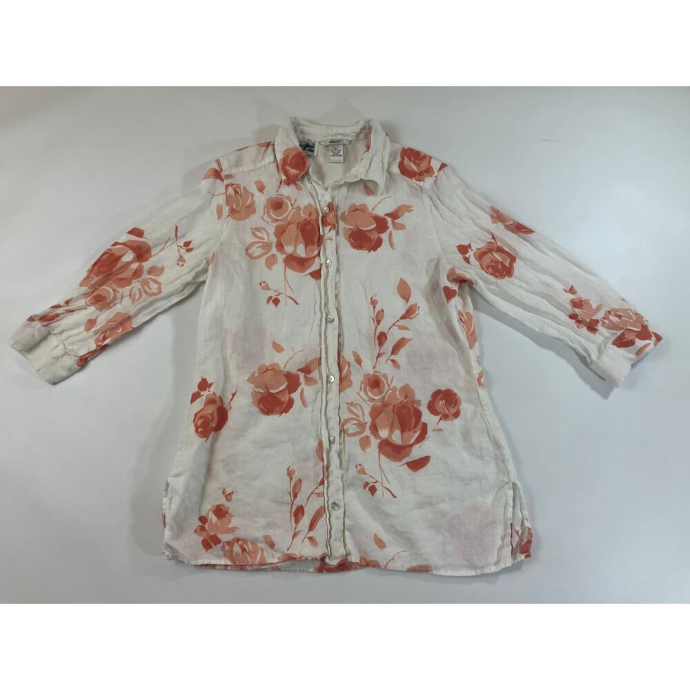 Edward Irish Linen Women 10 White Orange Rose Floral Button Front Shirt Blouse